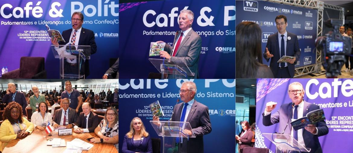 Deputados federais Bibo Nunes (PL-RS), Rogério Correia (PT-MG), Deltan Dallagnol (Podemos-PR), Neto Carletto (PP-BA), Luís Carlos Bursato (União-RS) e Afonso Hamm (PP-RS) em contato com a agenda legislativa prioritária do Confea, durante o 12º Encontro de Líderes Representantes do Sistema Confea/Crea e Mútua